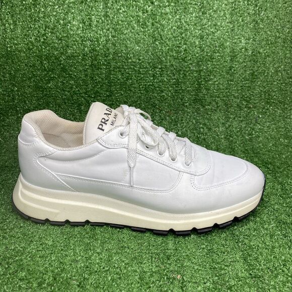 PRADA MENS ATHLETIC SPORT SNEAKERS WHITE LEATHER + NYLON SHOES Size US 8 - Picture 3 of 6